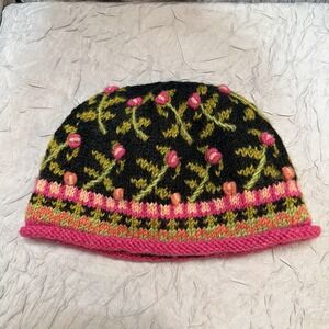 Lost Horizons Wool Beanie Hat Handmade Nepal Embroidered Flowers Fleece Line